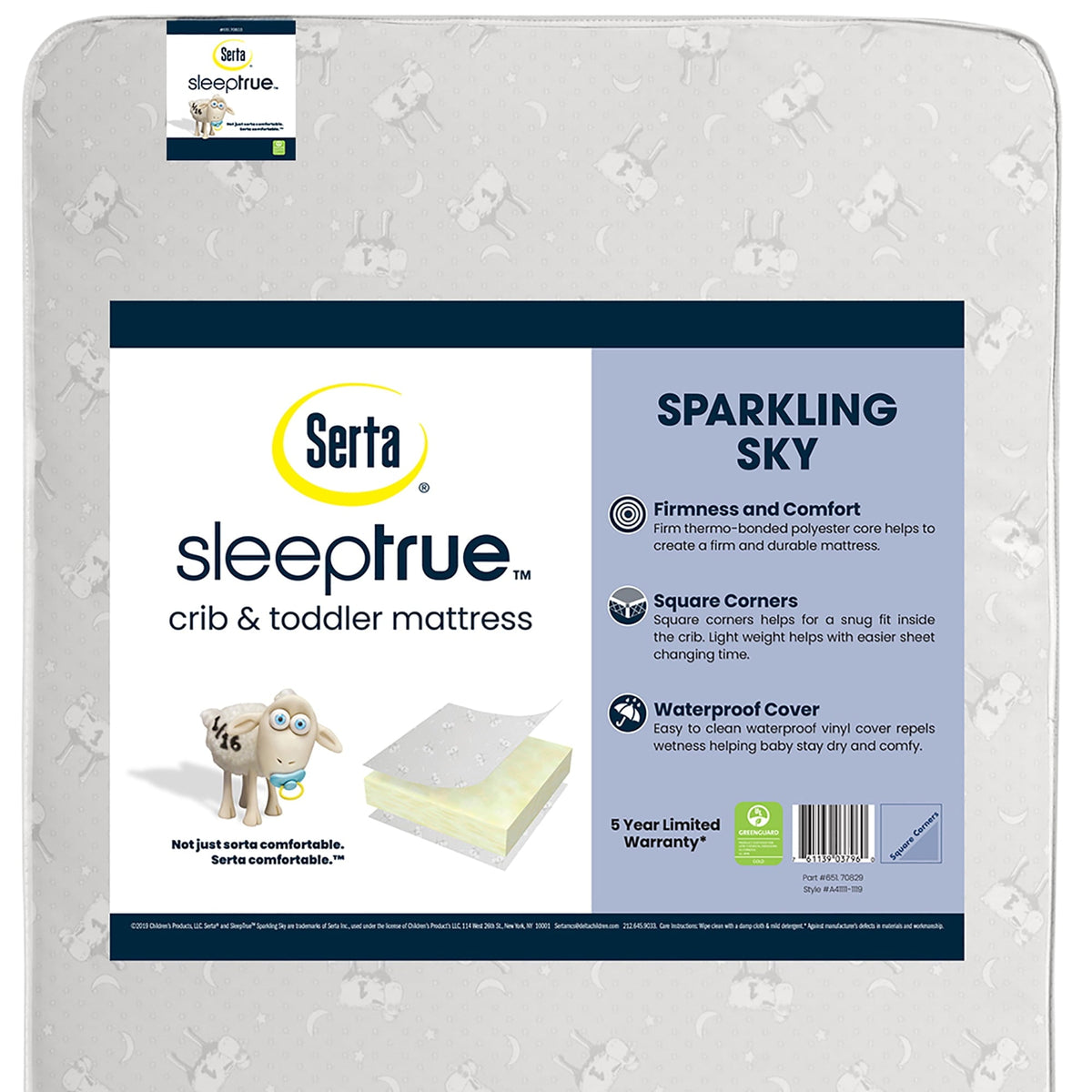 SleepTrue Sparkling Sky 5 Dual-Sided Crib & Toddler Mattress - Sustainably Sourced Fiber Core - Waterproof - Lightweight - GREENGUARD Gold Certified